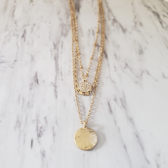 Layered Goldtone and Crystal Double Disc Necklace - Picture 3 of 4